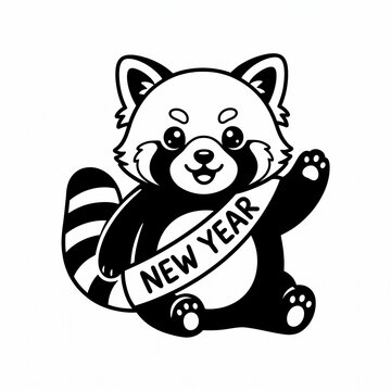 Cute red panda coloring page with New Year text