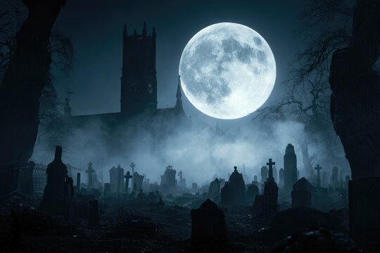 A misty graveyard at night with a glowing full moon and silhouetted tombstones, trees, and a gothic church tower creating an eerie, haunting atmosphere.