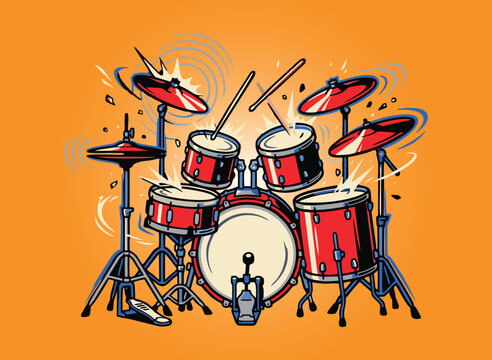 Red drum kit with cymbals on orange background, dynamic music vector illustration