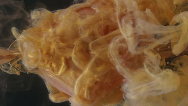 Vertical video. Dye spill. Blur paint wave. Golden liquid pouring on art yellow brown crystal sphere. Color underwater mix abstract black background.