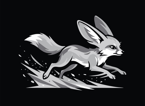 Monochrome running fennec fox with ink splashes on dark backdrop, vector artwork