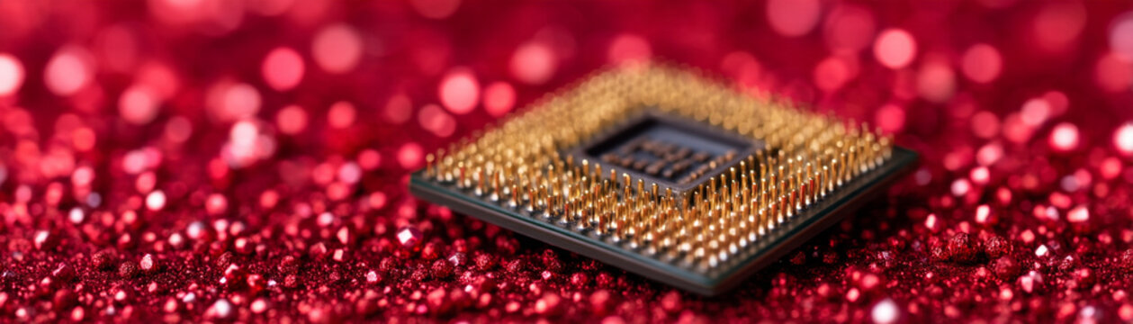 Christmas technology processor chip with gold pins on sparkling red background, creating festive and futuristic holiday scene