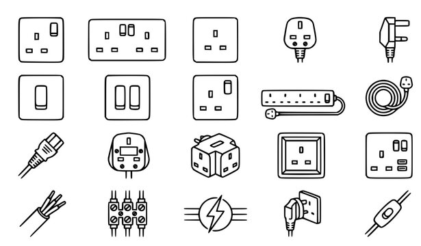 UK Electrical Plug and Socket Line Icons Set with British Three Pin Power Outlets Switches and AC Cables