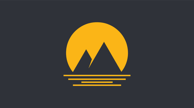 Minimalist vector landscape logo depicting mountain peaks silhouette in front of a golden sun above water on dark grey background art