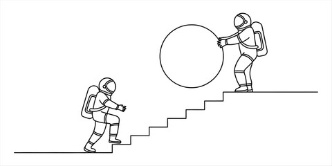 Two astronauts climbing stairs to reach a planet in a simple line art style drawing © Nayon
