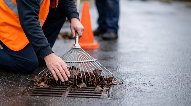 El Nino worker clearing leaf debris from storm drain. Global warming climate change earth. extreme weather disaster crisis, global climate change impact danger warning