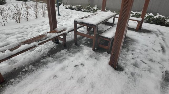 Snow covers outdoor wooden tables and benches in a winter courtyard
