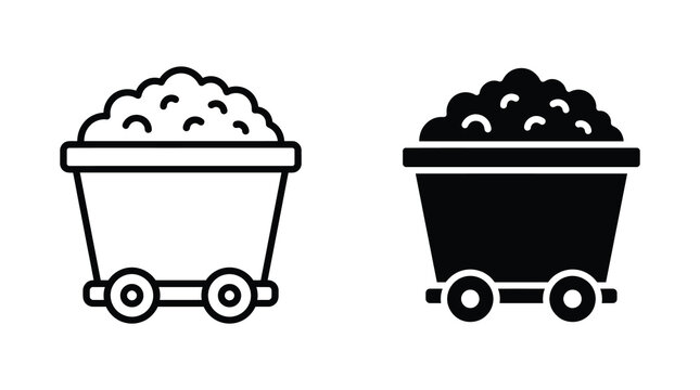 Mine cart icon set featuring outline and solid style vector illustrations