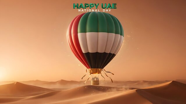 Hot air balloon with UAE flag colors flying over desert for national day