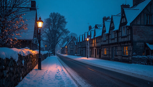 Quiet snowy village street at blue hour with warm lit windows, street lamp and falling snowflakes
