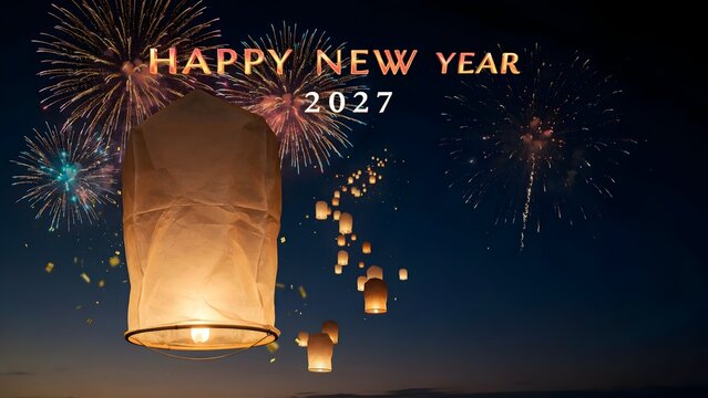 Happy new year 2027 text with floating paper lanterns and colorful night fireworks