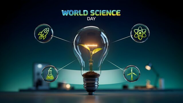 World science day light bulb with plant and icons on dark blue background
