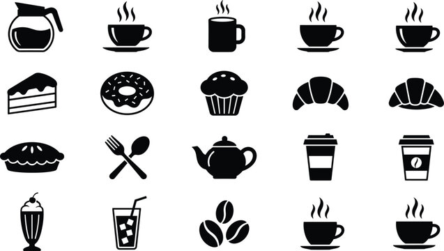 Black glyph style coffee break and pastry menu icons featuring fresh croissants sweet donuts and steaming mugs