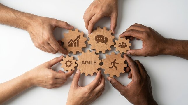 Six hands connect wooden gears with 'AGILE' text