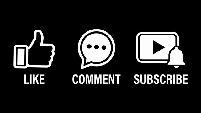 Like comment and subscribe icons. Social media engagement icons for video content creators with a transparent background