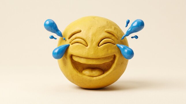 Bright yellow clay emoji laughing out loud with vibrant blue tears of joy against minimalist beige background