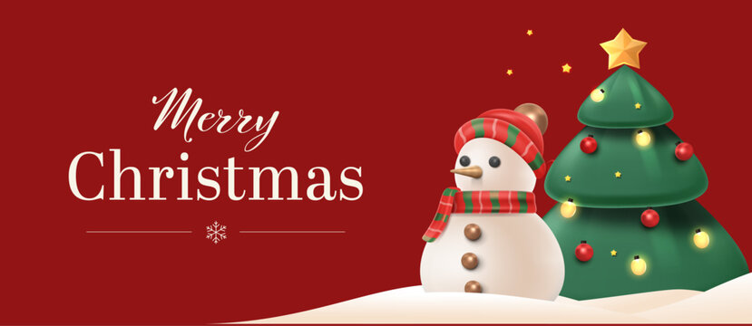 Merry Christmas Banner with Cute Snowman in Plaid Scarf beside Glowing Decorated Christmas Tree on Red Background, Editable Vector Illustration