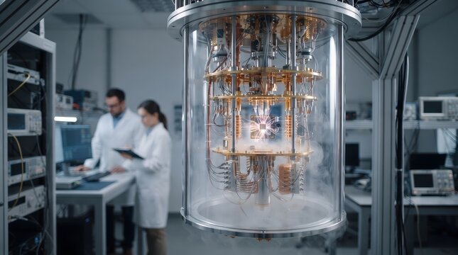 Modern scientists operating a quantum computer in a research facility