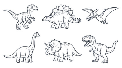 Dinosaur line art collection showing diverse prehistoric species. © abedin