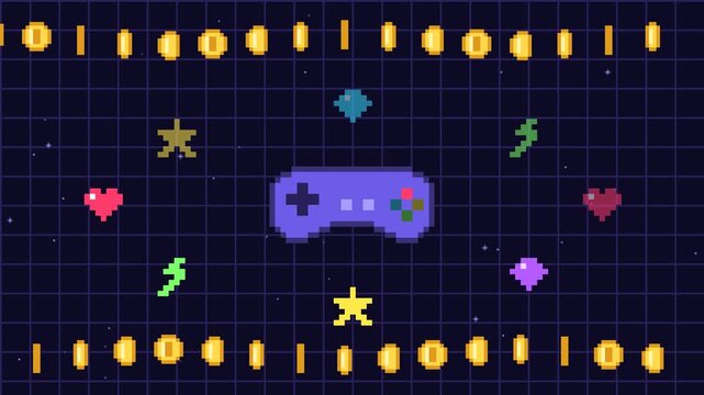 Retro pixel art arcade gamepad with coins and game icons in space