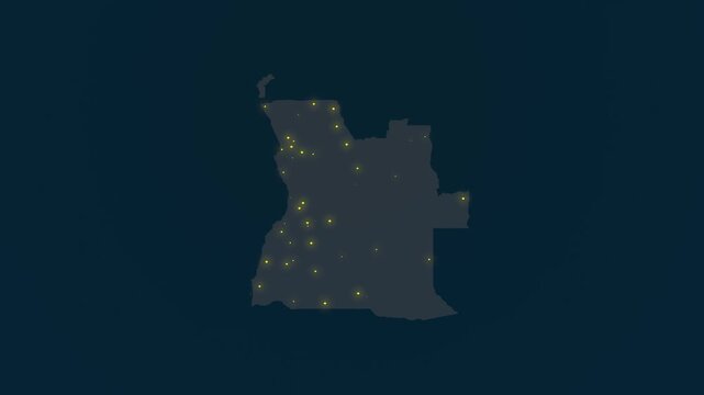Angola Map at Night Showing Glowing Urban Lights in Various Locations, Nighttime Angola
