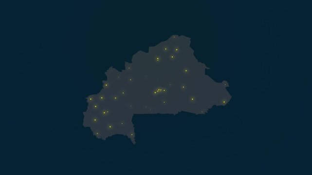 Map of Burkina Faso at Night Showing Glowing Urban Lights in Various Locations, Nighttime Burkina Faso
