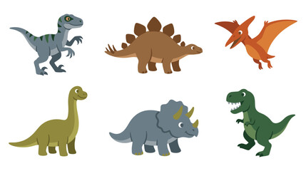 Cartoon dinosaur collection features colorful prehistoric species. © abedin