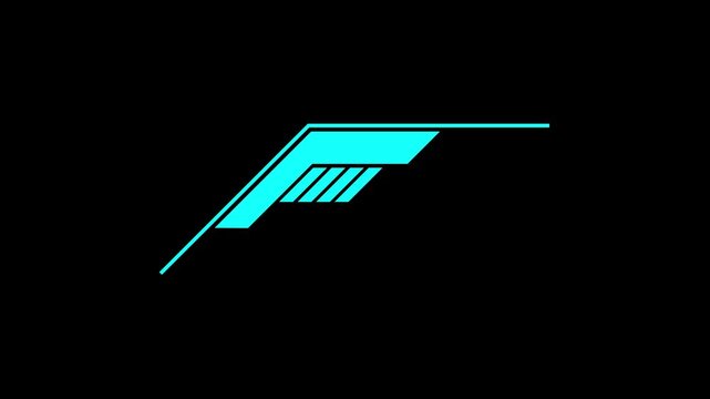 Abstract futuristic cyan geometric shape with sharp lines and parallel stripes isolated on black background