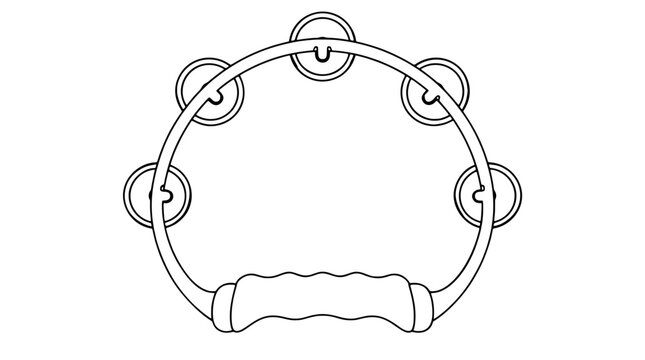 Headless crescent tambourine percussion instrument featuring ten metal jingles and a molded finger grip handle, depicted as an outline vector icon for rhythm accompaniment and musical band gigs