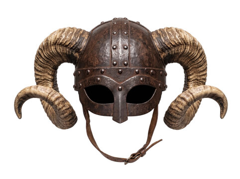 An antique metal horned helmet with large ram horns, isolated on a white background, depicting a warrior's headwear.