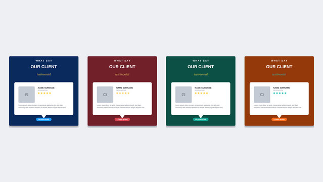 Set of four customer testimonial boxes with star ratings and feedback text space in professional UI design for web development projects, showcasing business service review module templates