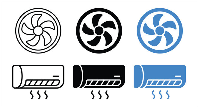 Line art solid black and blue versions of a ceiling fan and battery indicator are displayed on a white background