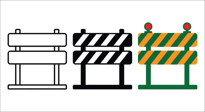 Three variations of a road barrier are displayed in line art monochrome and colored vector styles roadblock construction traffic safety
