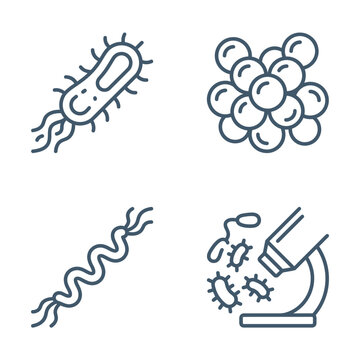 Set of simple linear icons representing various types of bacteria and microscopic research.