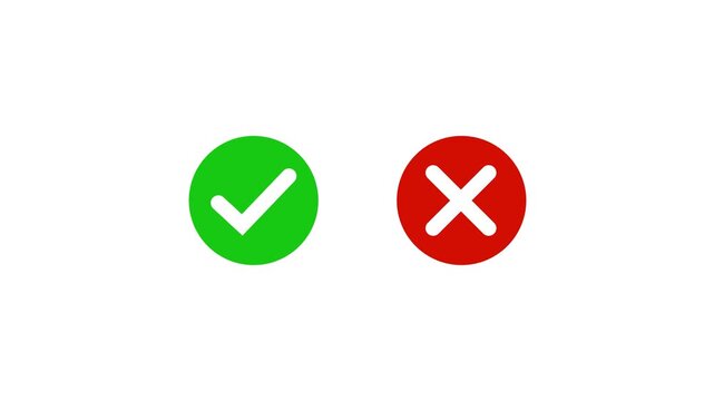 Minimalist green checkmark and red x cross symbols set for user interface digital feedback, survey validation, error notification, task completion, and interactive web application