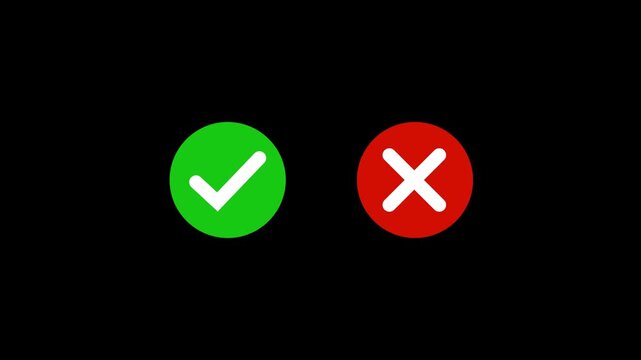 Green checkmark and red x cross symbols animated set for user interface digital feedback, decision making, approval, rejection, validation, choice, and interactive web application