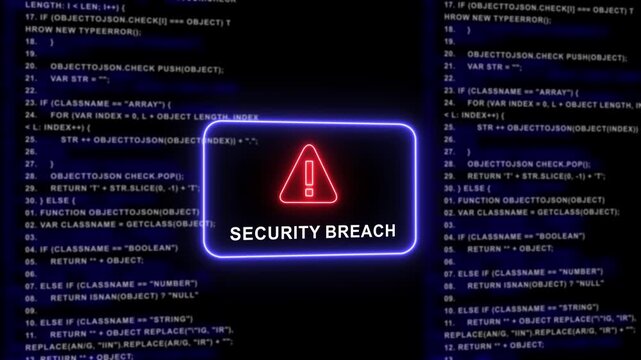 Dynamic digital security breach warning alert with glowing red neon and scrolling computer programming code background, for cybersecurity, data, protection, network hacking, and information