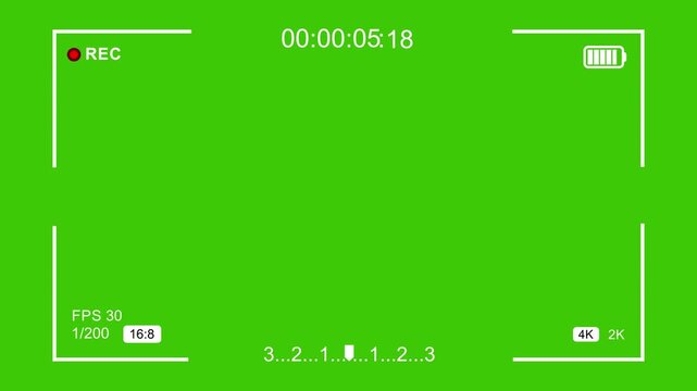 Camera recording interface overlay with green screen background, for chroma key, compositing, featuring digital, viewfinder timecode, battery, indicator, and cinematic, 4 k frame guides