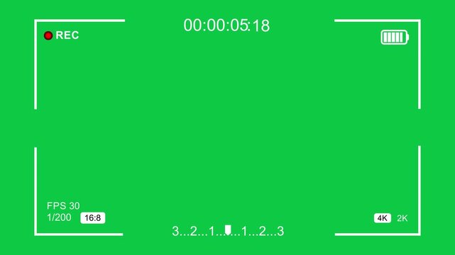 Digital camera viewfinder overlay with green screen background, featuring real-time recording indicators, battery status, frame rate, and precise focus markers for cinematic post-production
