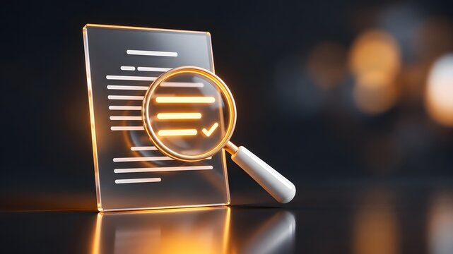 Glowing magnifying glass inspecting a transparent digital document with checkmark for data verification and compliance auditing