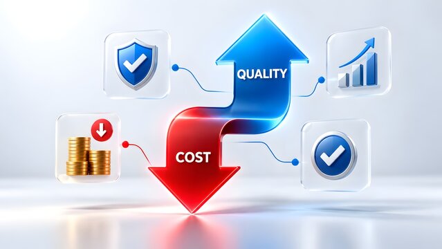 Three dimensional split arrow showing rising quality in blue and falling cost in red with glass icons for business efficiency concept