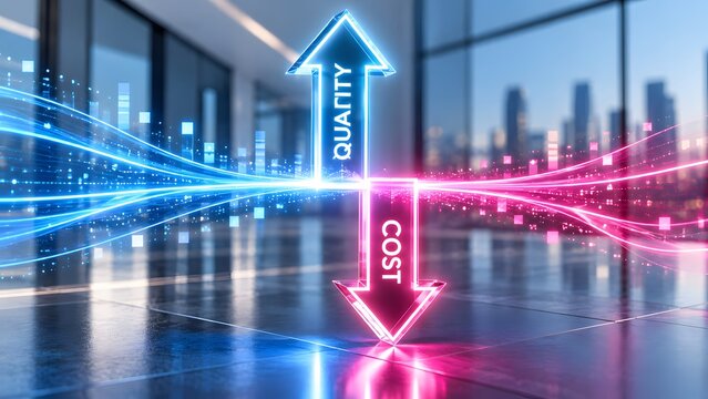 Glowing neon arrows showing rising quality in blue and falling cost in pink with digital data streams in modern office