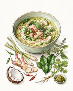 Authentic Thai Green Curry recipe illustration in watercolor style. Deconstructed Kaeng Khiao Wan with fresh ingredients like galangal, lemongrass, and kaffir lime.