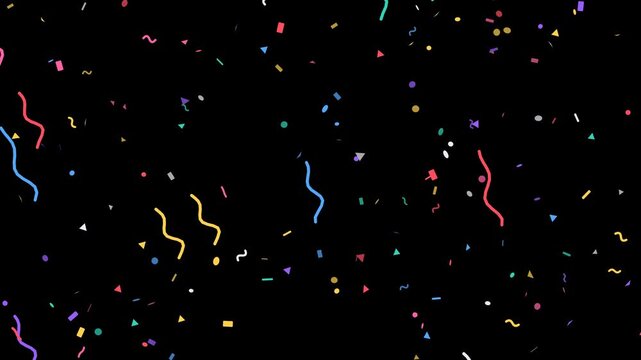 Falling confetti and streamers tumbling on black background seamless loop