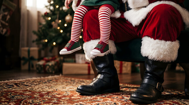 A close-up shot of a young child wearing striped tights and sneakers sitting on the lap of Santa Claus. The scene is set in a cozy, festive living room with a decorated Christmas tree and wrapped g...