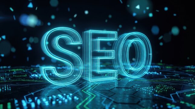 Digital seo letters made of glowing blue neon lines on dark circuit board background for technology search concept.