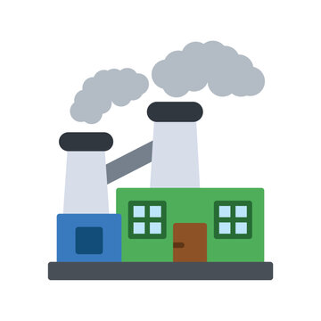 Industrial factory building with smokestacks and smoke in flat vector style.
