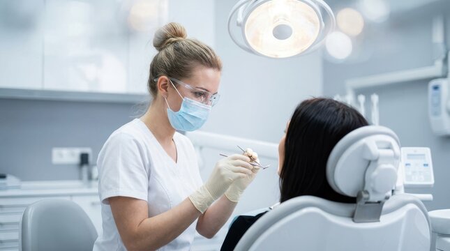 Female dentist with hair bun wearing mask and safety glasses performing dental checkup for patient in clinic.