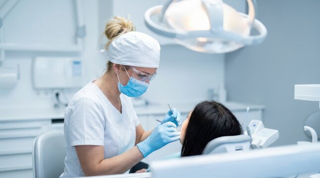 Female dentist in scrubs performing a routine oral checkup on patient sitting in dental chair within medical clinic.