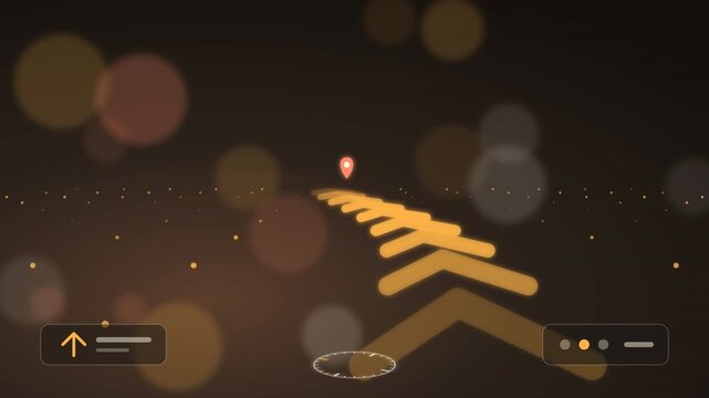 Augmented reality city navigation overlay, glowing path arrows and destination pin, warm amber loop